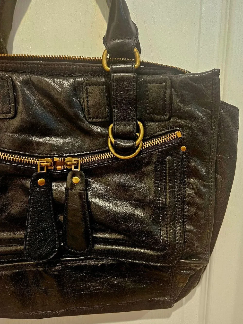 Classic Black Leather Satchel with Gold Hardware